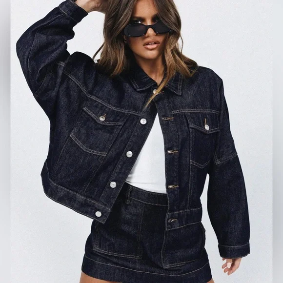 Princess Polly Dark Blue Jean Jacket - Picture 1 of 13